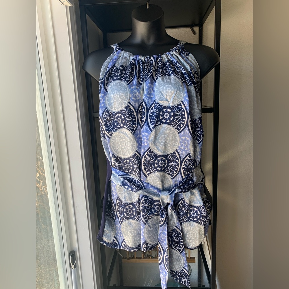 August Silk Navy Blue Silver Gray Patterned Sleeveless Top